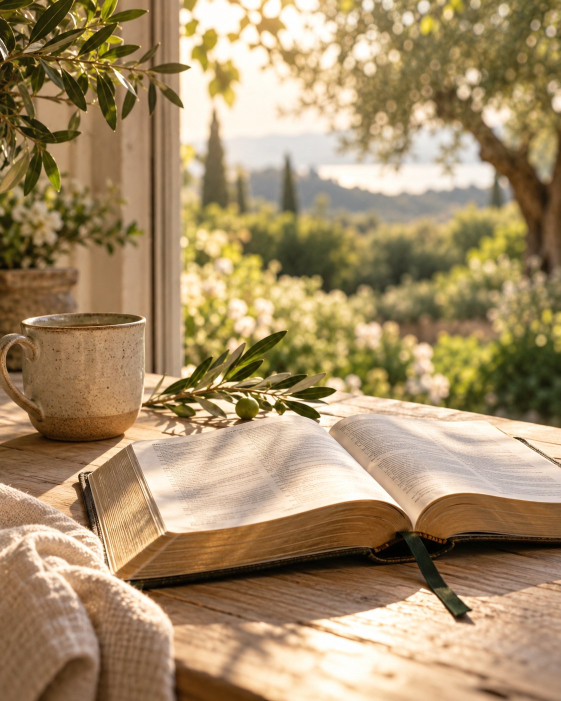 An open Bible in a peaceful morning setting